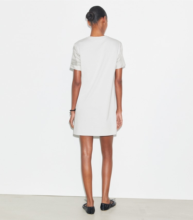 Tory Burch designer dresses Silk Front T-Shirt Dress in Gray Bee on model back