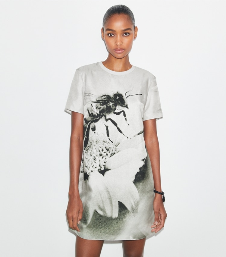 Tory Burch designer dresses Silk Front T-Shirt Dress in Gray Bee on model detail