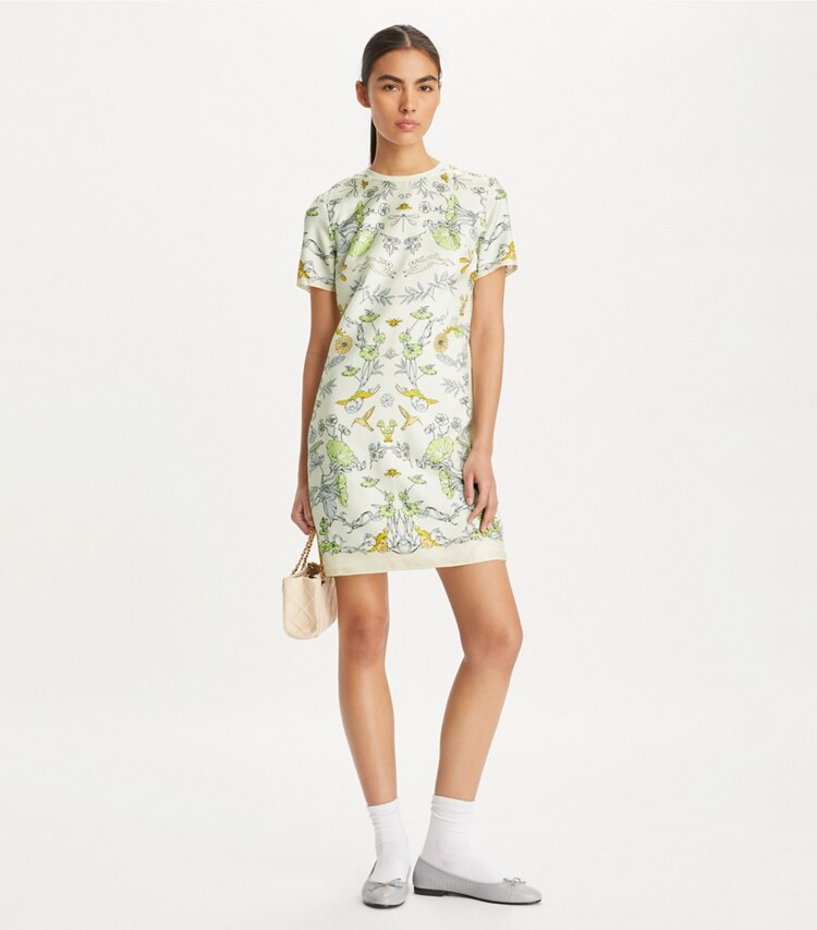 Tory Burch designer dresses Silk Front T-Shirt Dress in Beige Meadow on model front