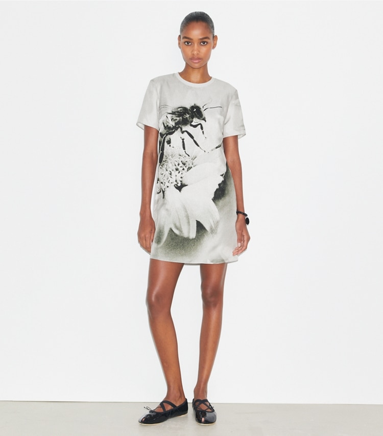 Tory Burch designer dresses Silk Front T-Shirt Dress in Gray Bee on model front