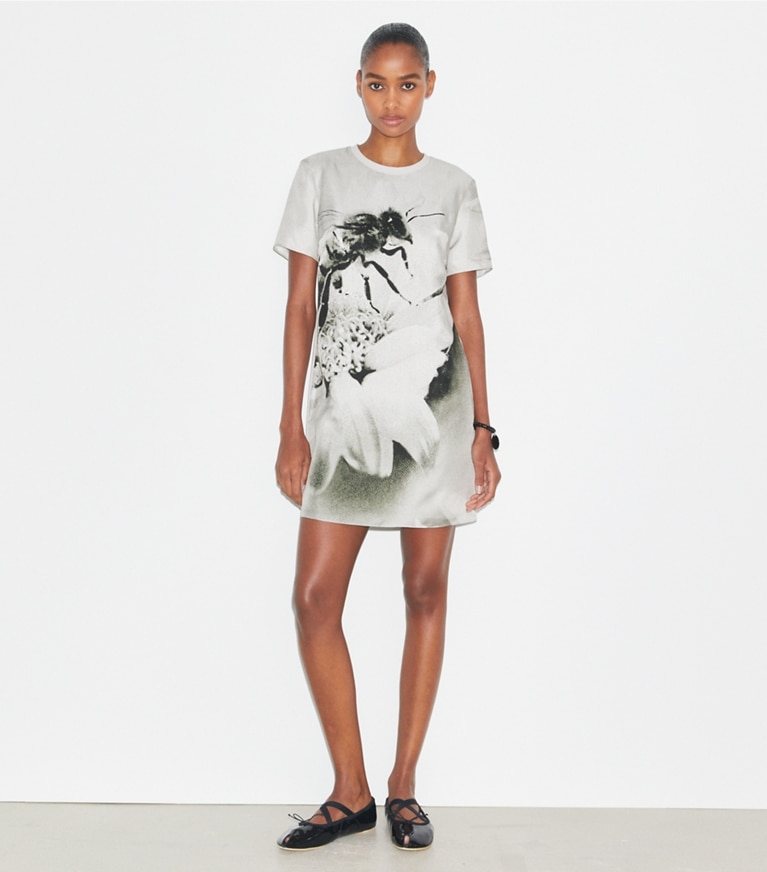 Tory Burch designer dresses Silk Front T-Shirt Dress in Gray Bee front