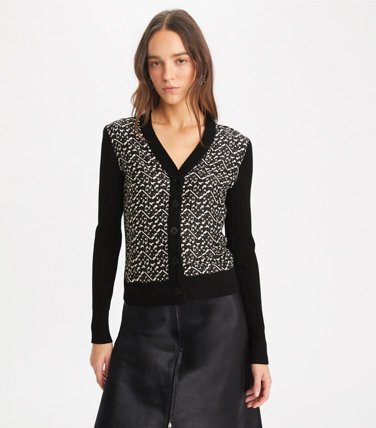 Tory Burch designer セーター シルクフロント ウール カーディガン in Black / Black Prismatic Small T Monogram on model detail