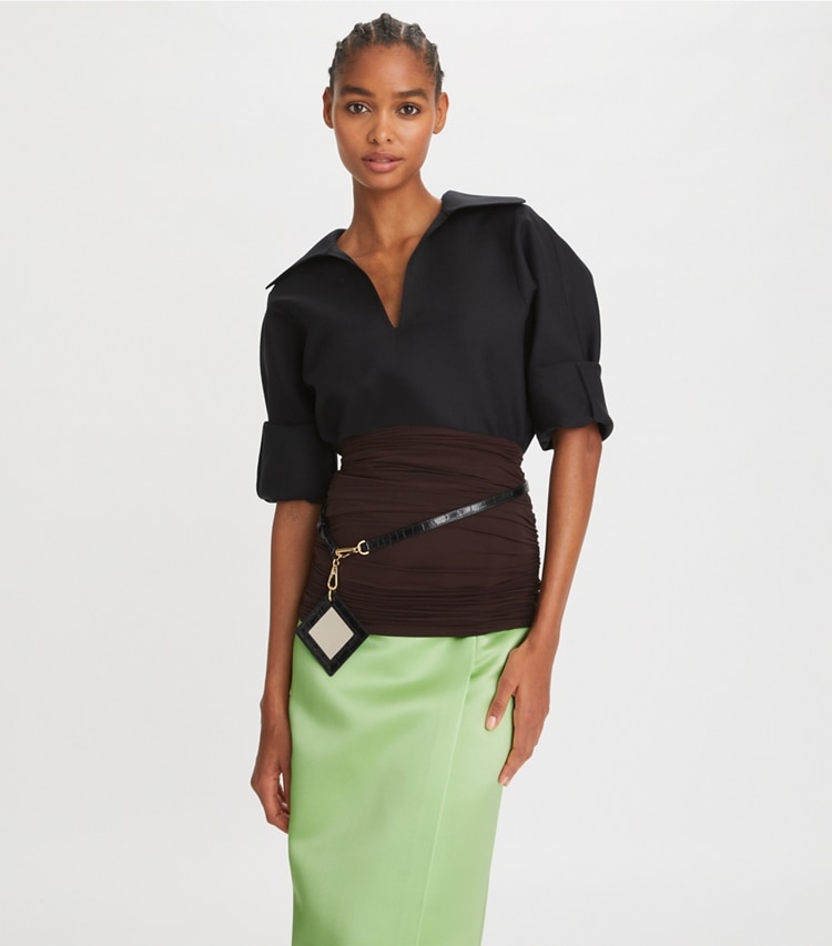 Tory Burch designer tops Silk Gazar Tunic in Black on model detail