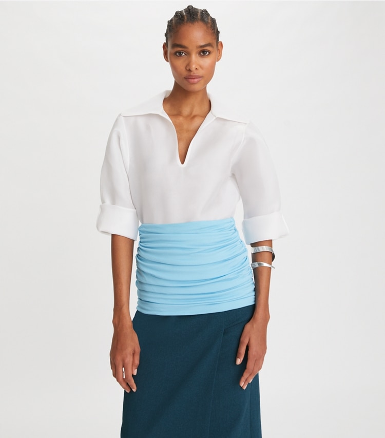 Tory Burch designer tops Silk Gazar Tunic in White on model detail