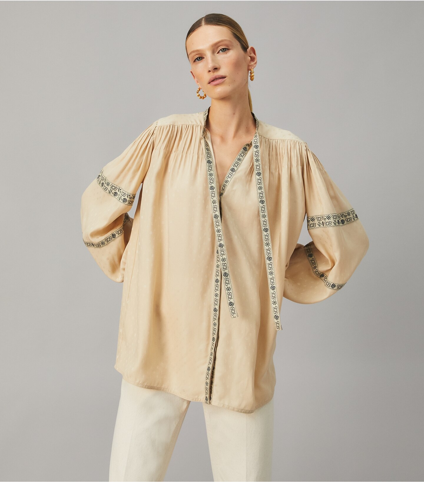 Silk Jacquard Ribbon Blouse