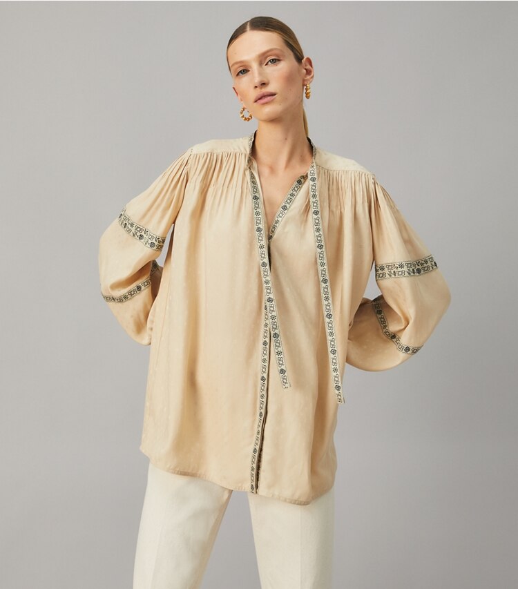 Silk Jacquard Ribbon Blouse: Women's Designer Tops | Tory Burch