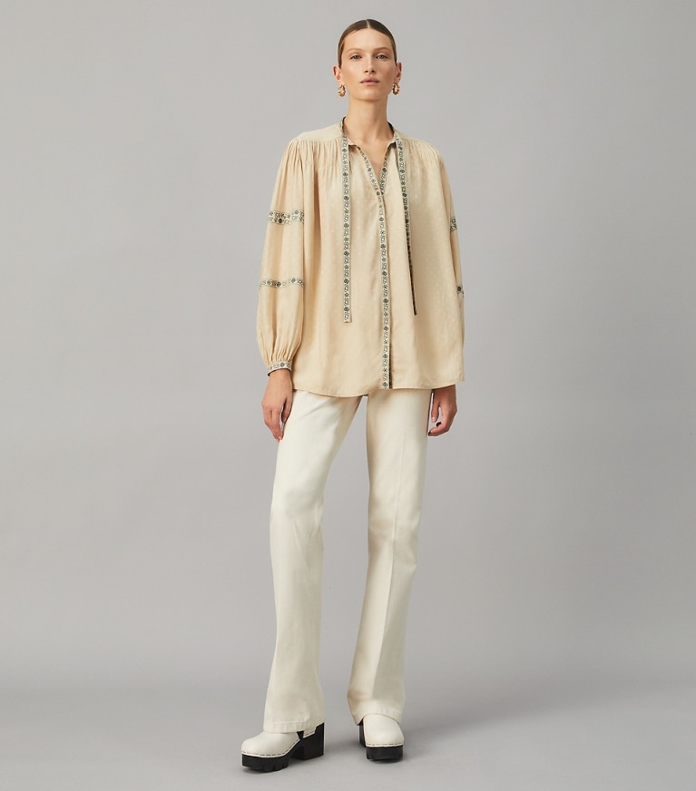 Tory Burch designer tops Silk Jacquard Ribbon Blouse in FRENCH SAND PAISLEY front