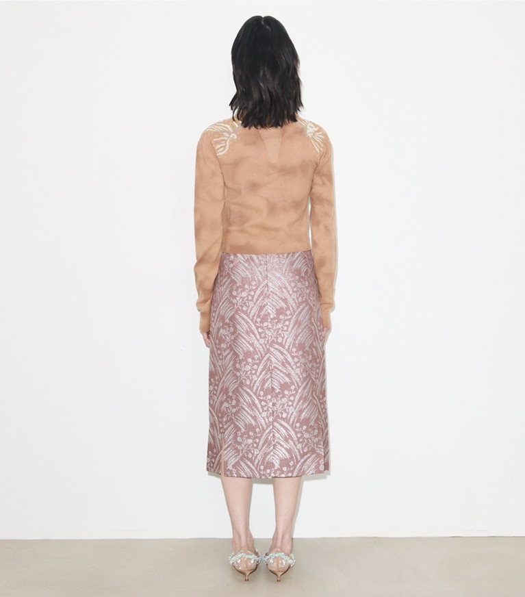 Tory Burch designer bottoms Silk Jacquard Skirt in Mauve Wispy Flower on model back