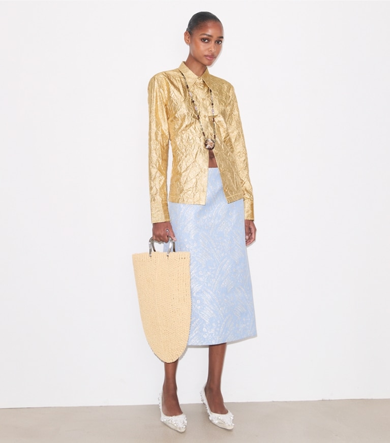 Tory Burch designer bottoms Silk Jacquard Skirt in Light Blue Wispy Flower on model front