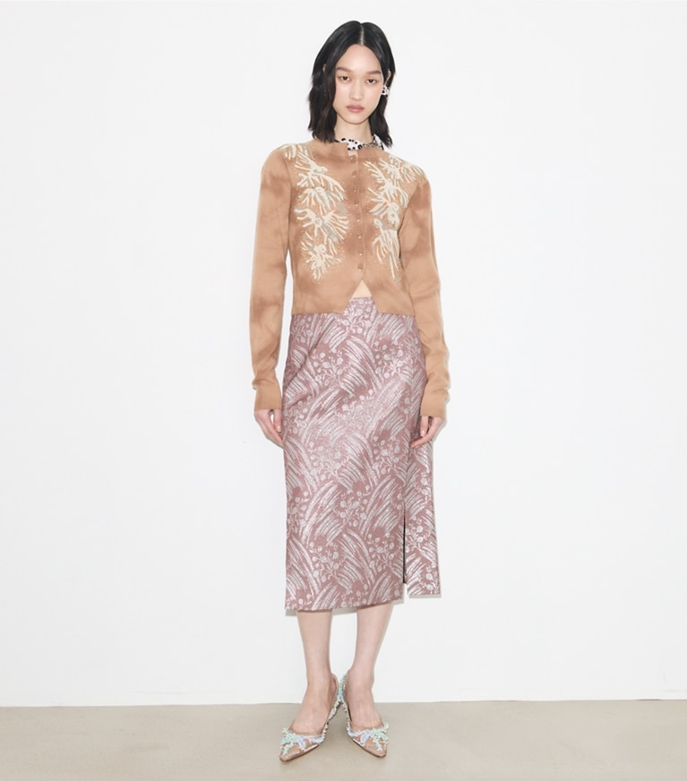Tory Burch designer bottoms Silk Jacquard Skirt in Mauve Wispy Flower on model front