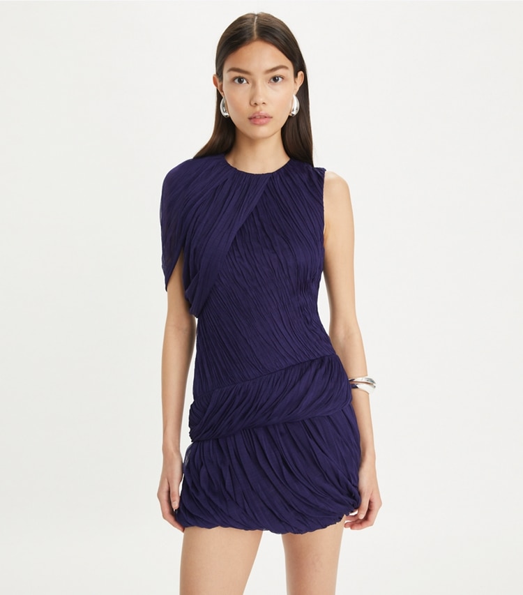 Tory Burch designer dresses Silk Jersey Dress in Rich Violet on model detail