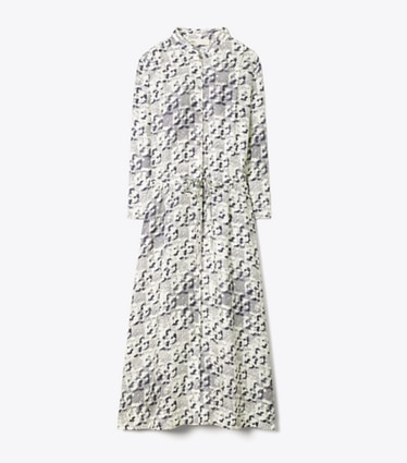 Tory Burch designer coverups Silk Midi Dress in New Ivory Distressed Pixelated Logo front