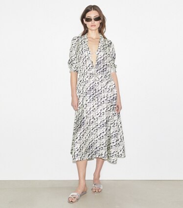 Tory Burch designer coverups Silk Midi Dress in New Ivory Distressed Pixelated Logo on model front