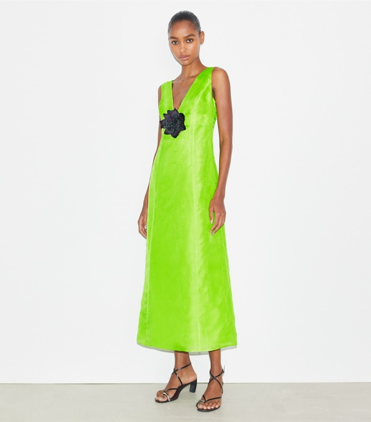 Tory Burch designer dresses Silk Organza Dress in Vivid Lime on model front