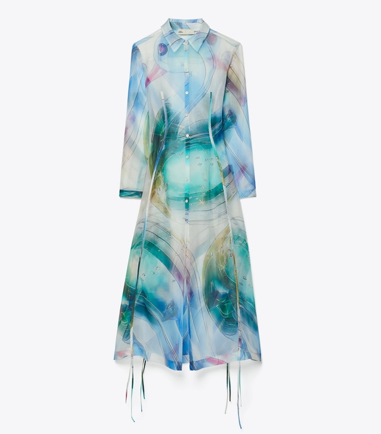 Tory Burch designer coverups Silk Organza Shirtdress in Blue Glass Swan Large front