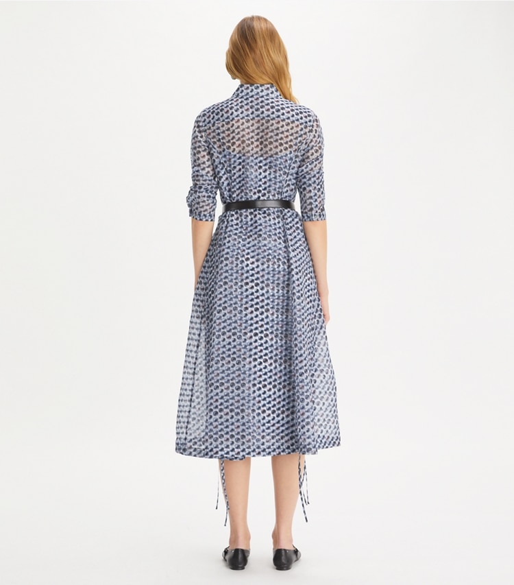 Tory Burch designer dresses Silk Organza Shirtdress in Blue Candy Dots on model back