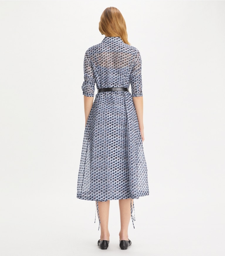 Tory Burch designer dresses Silk Organza Shirtdress in Blue Candy Dots front