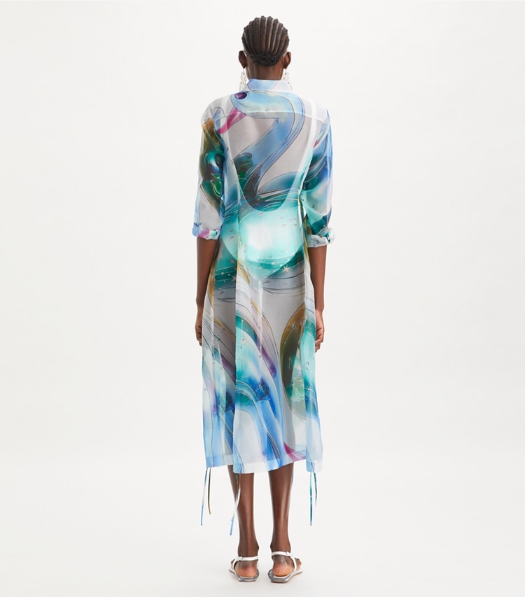 Tory Burch designer coverups Silk Organza Shirtdress in Blue Glass Swan Large on model back