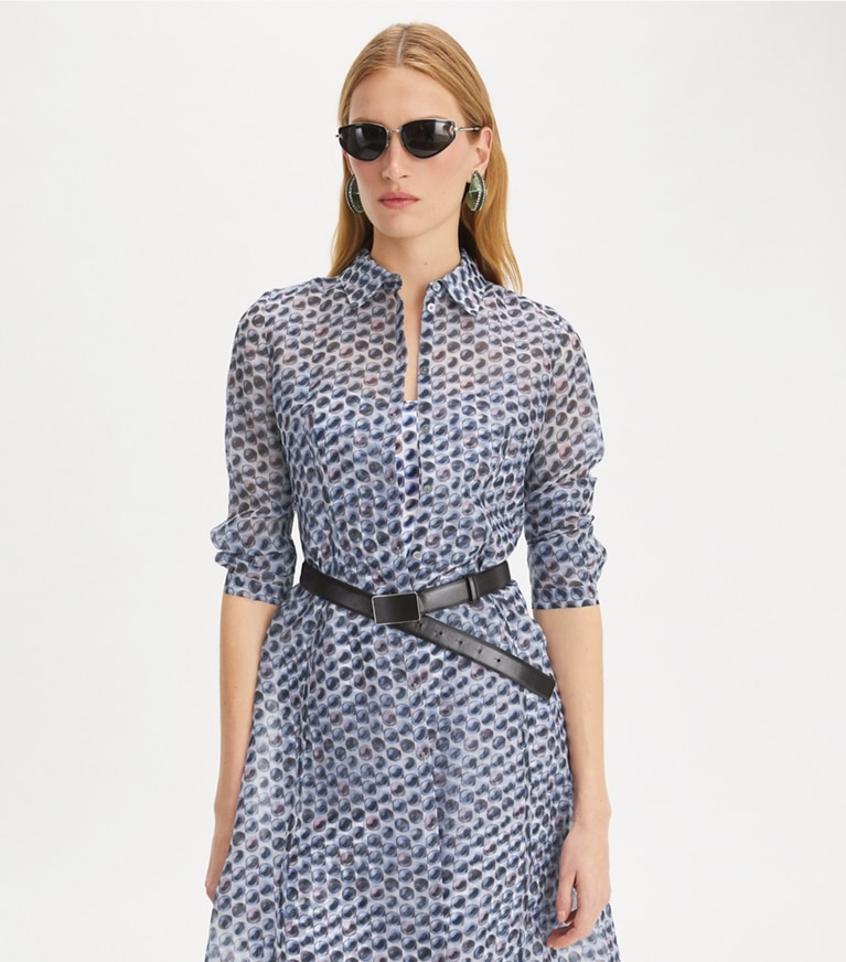 Tory Burch designer dresses Silk Organza Shirtdress in Blue Candy Dots front