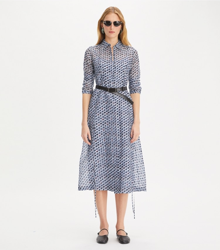 Tory Burch designer dresses Silk Organza Shirtdress in Blue Candy Dots on model front