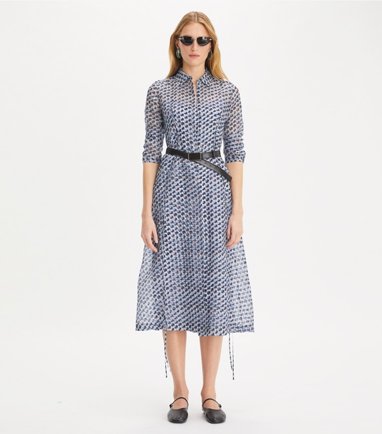 Tory Burch designer dresses Silk Organza Shirtdress in Blue Candy Dots front