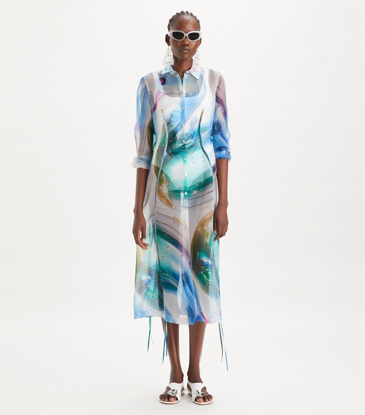 Tory Burch designer coverups Silk Organza Shirtdress in Blue Glass Swan Large on model front