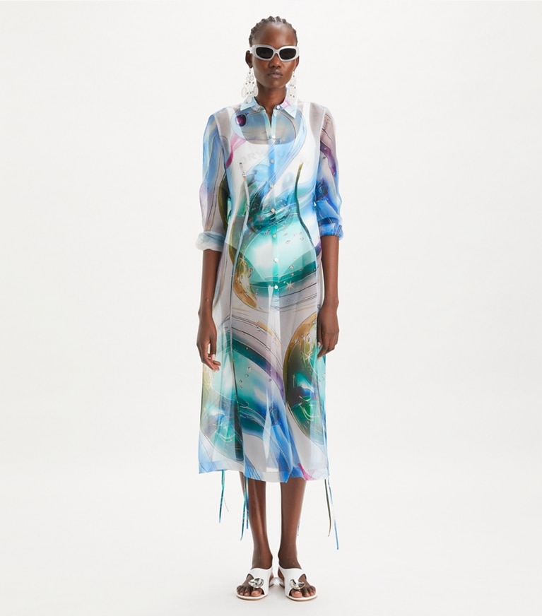 Tory Burch designer coverups Silk Organza Shirtdress in Blue Glass Swan Large front