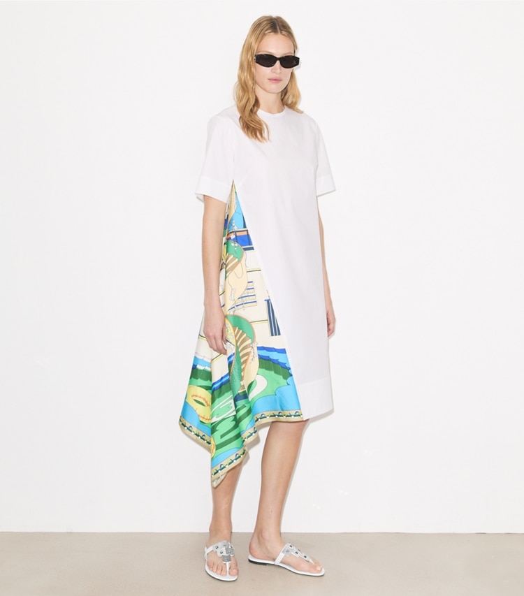 Tory Burch designer dresses Silk Panel Cotton Dress in White on model front