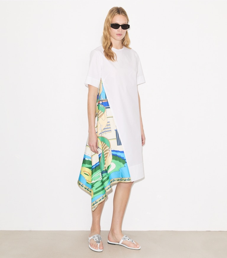 Tory Burch designer dresses Silk Panel Cotton Dress in White on model front