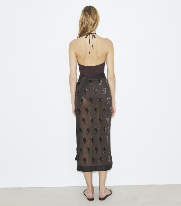 Tory Burch designer coverups Silk Pareo in Brown Paisley Shadow on model back