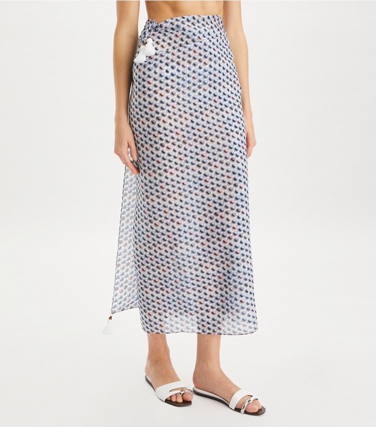 Tory Burch designer coverups Silk Pareo in Blue Candy Dots on model detail