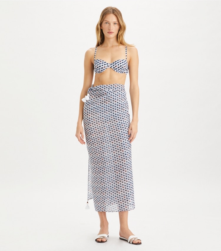 Tory Burch designer coverups Silk Pareo in Blue Candy Dots on model front