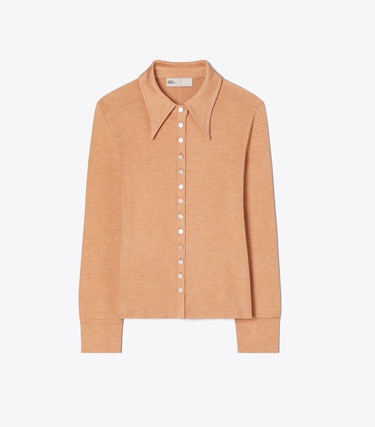Tory Burch designer sweaters Silk Polo Cardigan in Apricot front