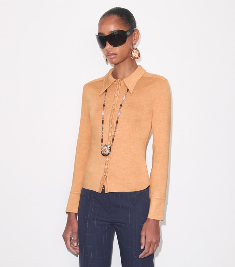 Tory Burch designer sweaters Silk Polo Cardigan in Apricot on model detail