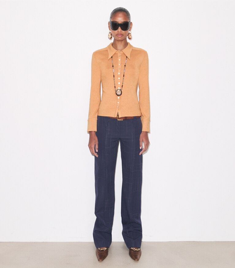 Tory Burch designer sweaters Silk Polo Cardigan in Apricot on model front