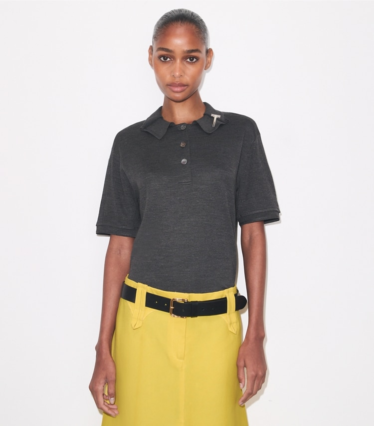 Tory Burch designer sweaters Silk Polo in Dark Gray on model detail