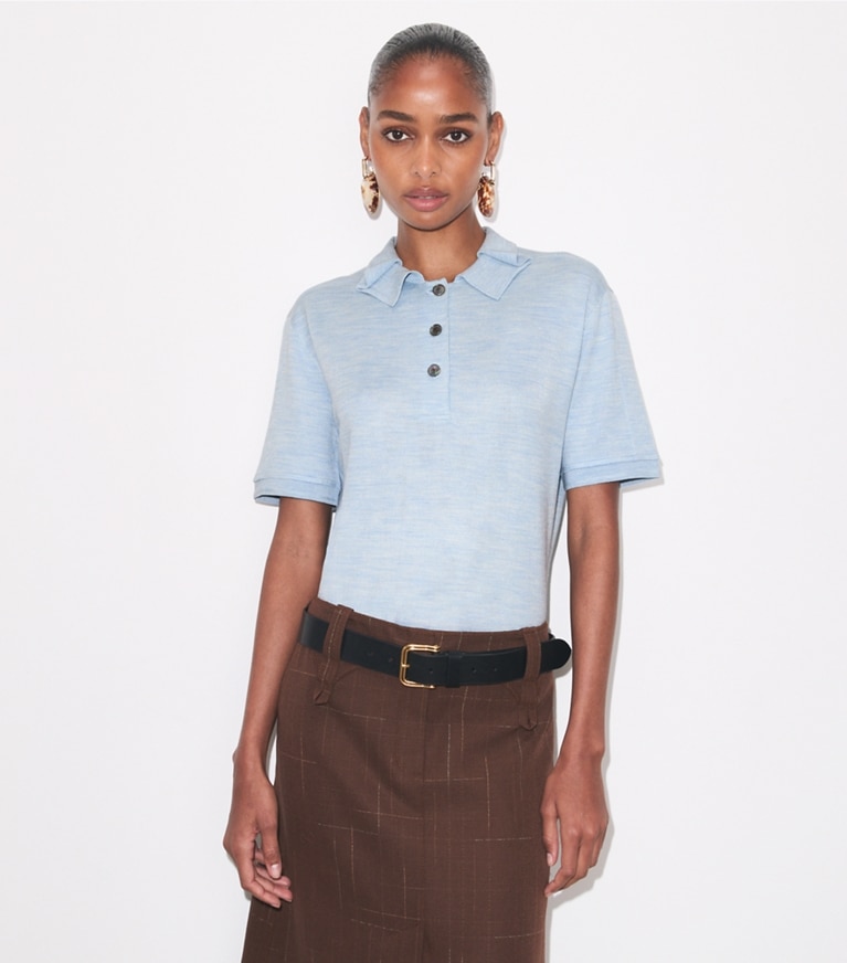 Tory Burch designer sweaters Silk Polo in Light Blue on model detail