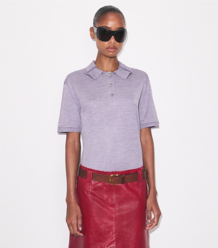 Tory Burch designer sweaters Silk Polo in Purple on model detail