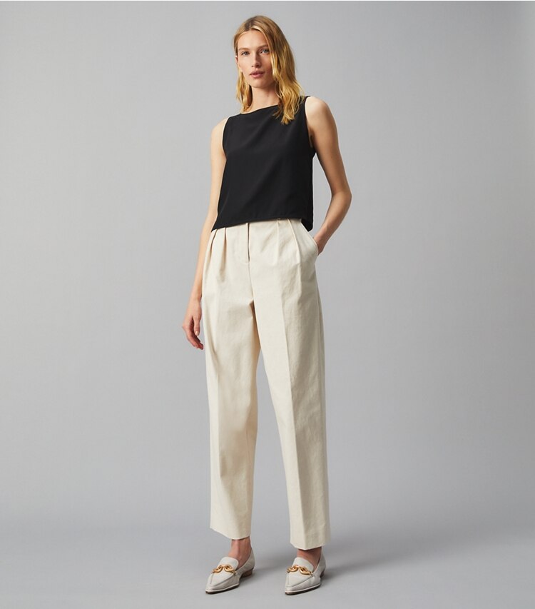 Tory Burch designer tops Silk Satin Shell in Black on model front