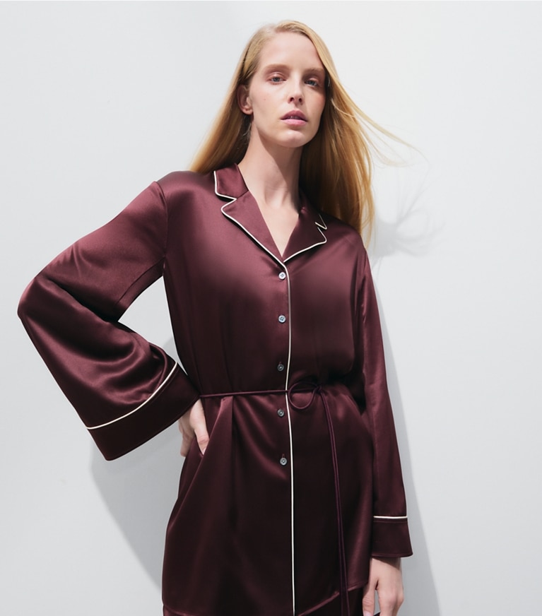 Tory Burch designer tops Silk Satin Shirt in Mahogany on model detail