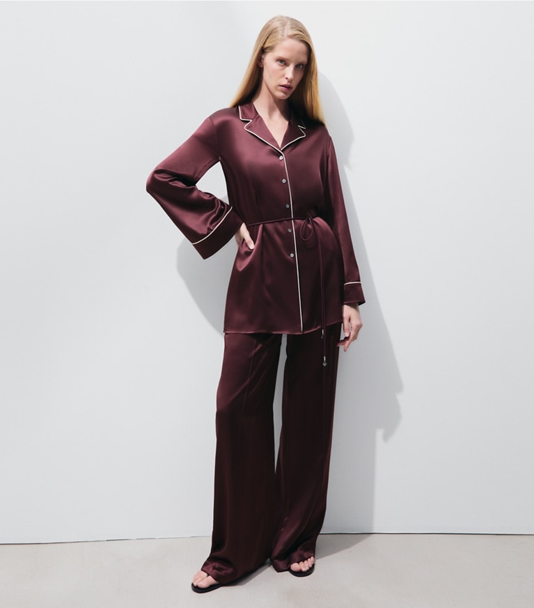 Tory Burch designer tops Silk Satin Shirt in Mahogany on model front