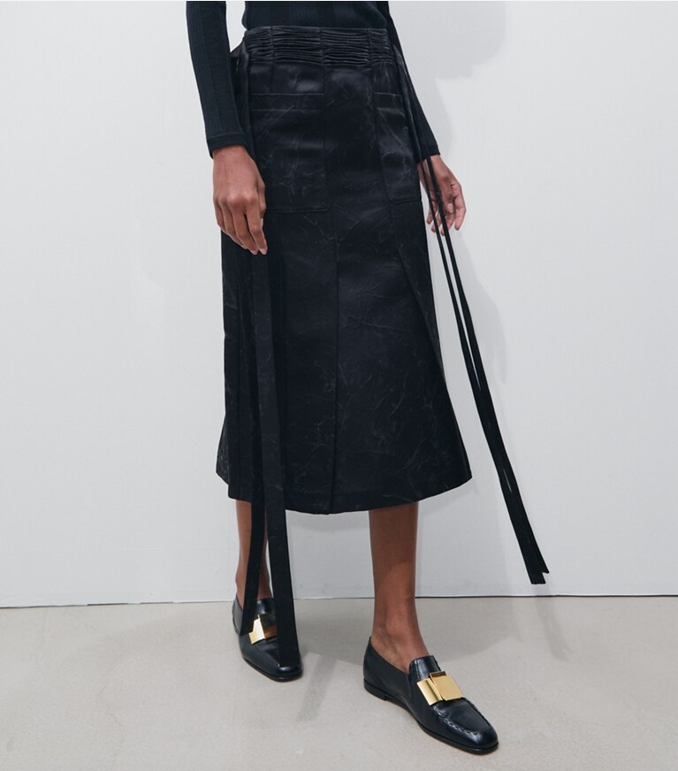 Tory Burch designer bottoms Silk Satin Skirt in Black on model detail