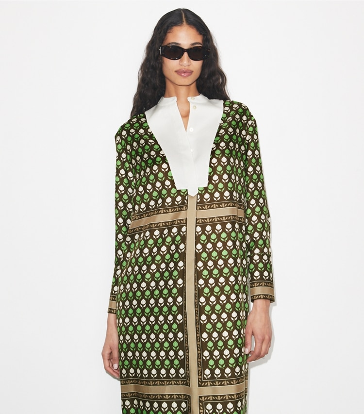 Tory Burch designer dresses Silk Shirtdress in Chocolate Pomegranate on model detail