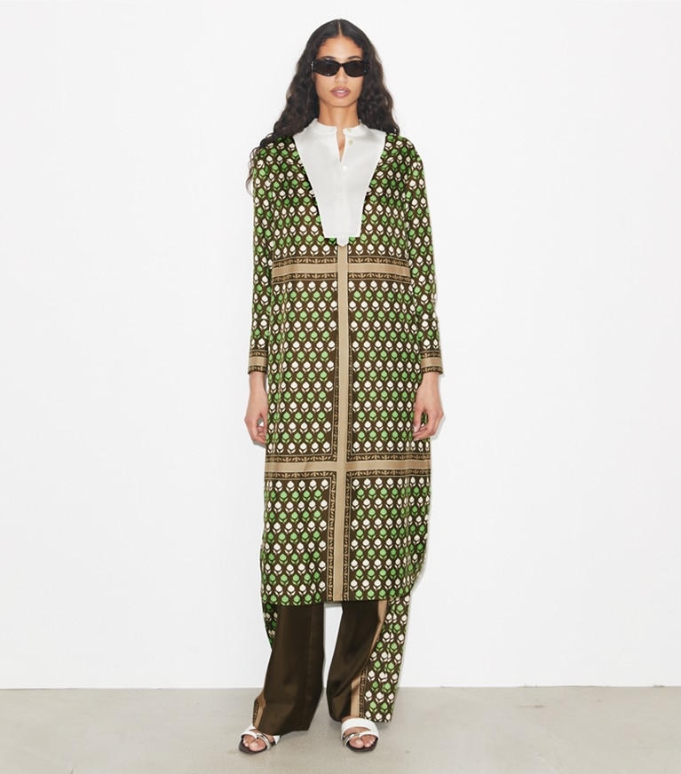 Tory Burch designer dresses Silk Shirtdress in Chocolate Pomegranate on model front