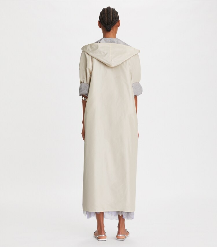 Tory Burch designer coats Silk Taffeta Trench in French Cream / Silver Birch on model back