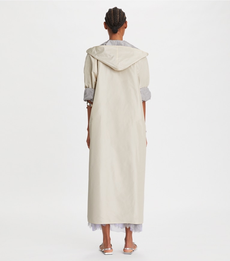Tory Burch designer coats Silk Taffeta Trench in French Cream / Silver Birch front