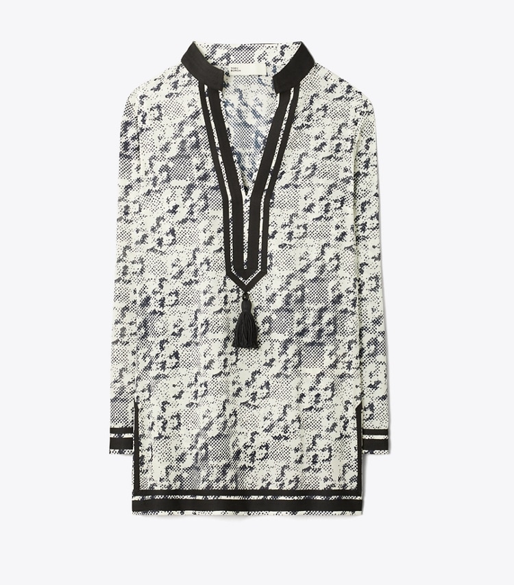 Tory Burch designer coverups Silk Tory Tunic in New Ivory Distressed Pixelated Logo front