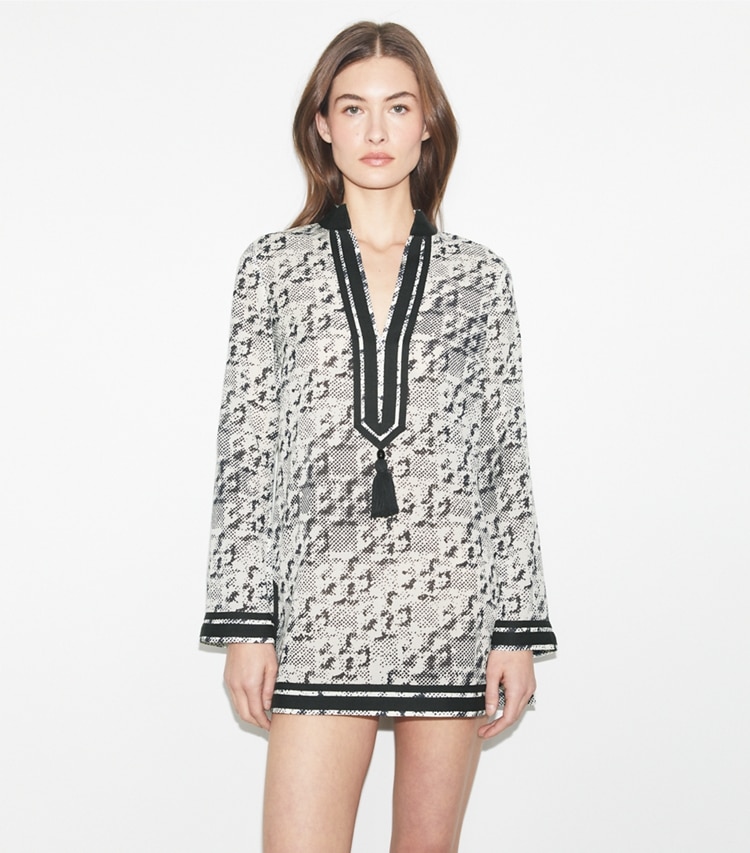 Tory Burch designer coverups Silk Tory Tunic in New Ivory Distressed Pixelated Logo on model detail