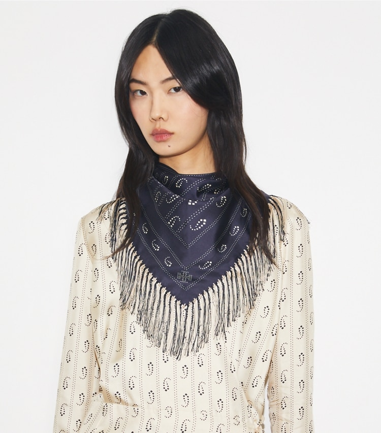 Tory Burch designer scarves Silk Triangle Scarf in Navy accessory on model