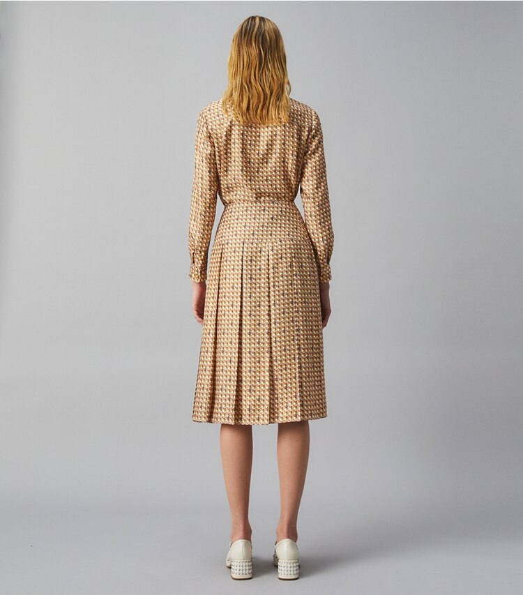 Tory Burch designer bottoms Silk Twill Carmine Skirt in BUTTERMILK BASKETWEAVE on model back